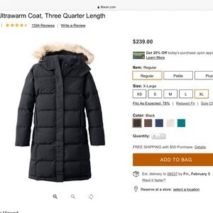 LL Bean ultra warm 3/4 down coaat